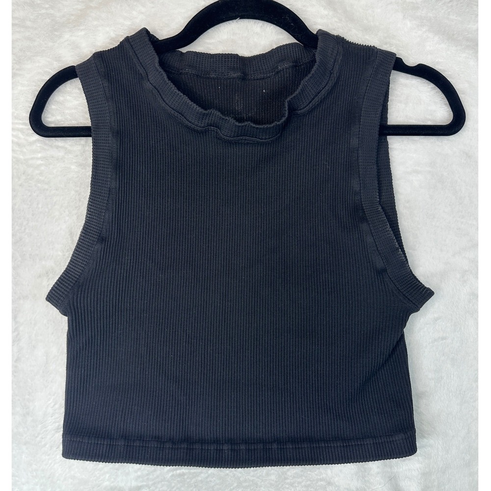 Free People Movement Ribbed Tank Top Womens Black Sleeveless Crop Logo 1281